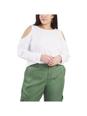 Vince Camuto Women’s Cold Shoulder Top 3X Ultra White Plus Size Snap Detail